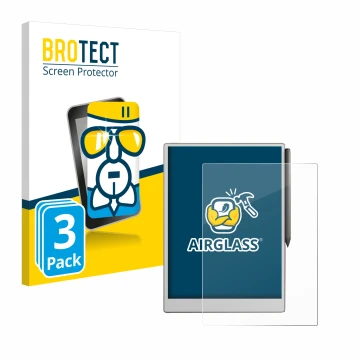 Parte frontal de un envase de producto con el logotipo de la marca BROTECT. Al lado se muestra el dispositivo reMarkable Paper