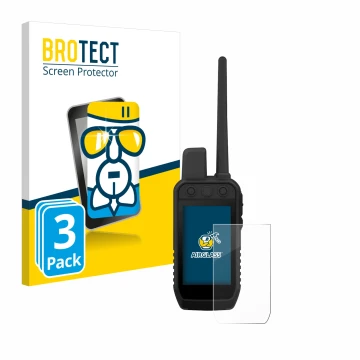 Parte frontal de un envase de producto con el logotipo de la marca BROTECT. Al lado se muestra el dispositivo Garmin Alpha 300