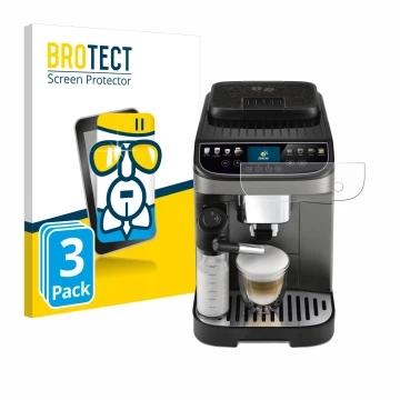 Parte frontal de un envase de producto con el logotipo de la marca BROTECT. Al lado se muestra el dispositivo DeLonghi Magnifi