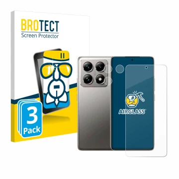 Parte frontal de un envase de producto con el logotipo de la marca BROTECT. Al lado se muestra el dispositivo Xiaomi 14T (Fron