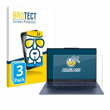 Parte frontal de un envase de producto con el logotipo de la marca BROTECT. Al lado se muestra el dispositivo Lenovo Yoga Slim
