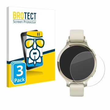 Parte frontal de un envase de producto con el logotipo de la marca BROTECT. Al lado se muestra el dispositivo Garmin Lily 2 Ac