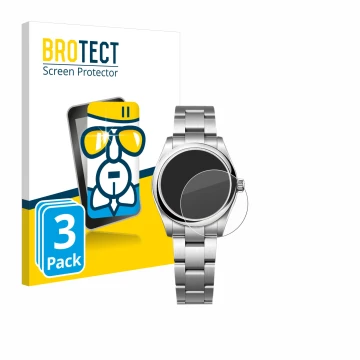 Parte frontal de un envase de producto con el logotipo de la marca BROTECT. Al lado se muestra el dispositivo Rolex Oyster Per