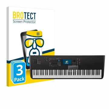 Parte frontal de un envase de producto con el logotipo de la marca BROTECT. Al lado se muestra el dispositivo Yamaha MODX8+ co