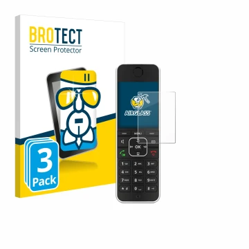 Parte frontal de un envase de producto con el logotipo de la marca BROTECT. Al lado se muestra el dispositivo AVM Fritz!Fon C6