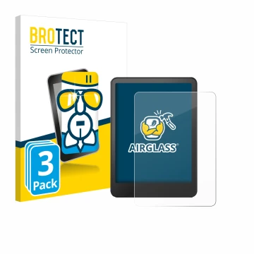 Parte frontal de un envase de producto con el logotipo de la marca BROTECT. Al lado se muestra el dispositivo Amazon Kindle Co