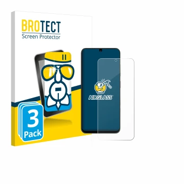 Parte frontal de un envase de producto con el logotipo de la marca BROTECT. Al lado se muestra el dispositivo ZTE Blade A35 co