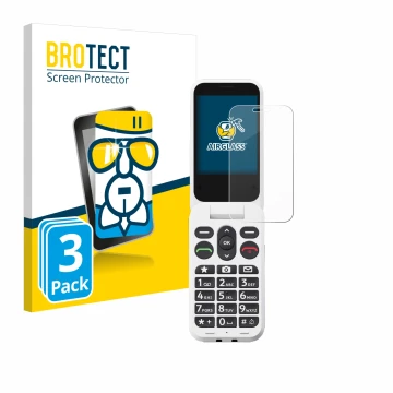 Parte frontal de un envase de producto con el logotipo de la marca BROTECT. Al lado se muestra el dispositivo Doro Leva L30 co