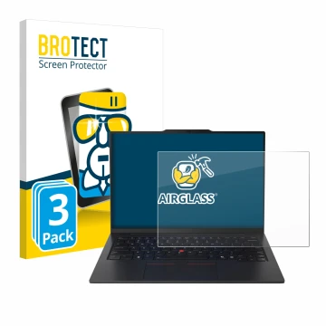 Parte frontal de un envase de producto con el logotipo de la marca BROTECT. Al lado se muestra el dispositivo Lenovo ThinkPad 