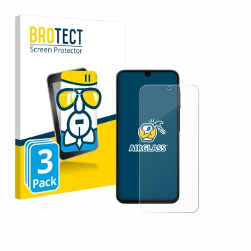 Parte frontal de un envase de producto con el logotipo de la marca BROTECT. Al lado se muestra el dispositivo Samsung Galaxy A