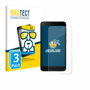 Parte frontal de un envase de producto con el logotipo de la marca BROTECT. Al lado se muestra el dispositivo ZTE Blade A35 li