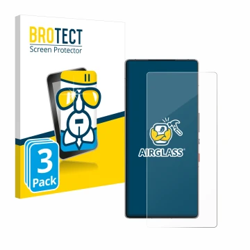 Parte frontal de un envase de producto con el logotipo de la marca BROTECT. Al lado se muestra el dispositivo ZTE Nubia Red Ma