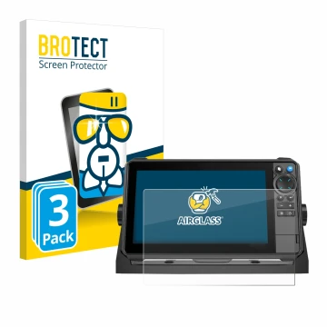Parte frontal de un envase de producto con el logotipo de la marca BROTECT. Al lado se muestra el dispositivo Lowrance HDS-9 P