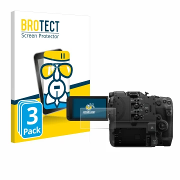 Parte frontal de un envase de producto con el logotipo de la marca BROTECT. Al lado se muestra el dispositivo Canon EOS C400 c