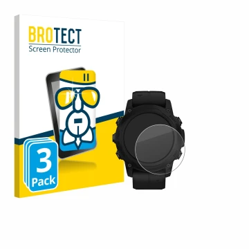 Parte frontal de un envase de producto con el logotipo de la marca BROTECT. Al lado se muestra el dispositivo Garmin Descent G