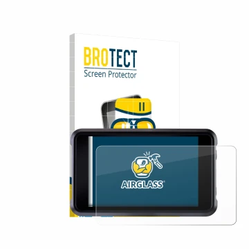 Parte frontal de un envase de producto con el logotipo de la marca BROTECT. Al lado se muestra el dispositivo Atomos Shogun Cl