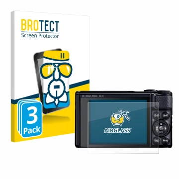Parte frontal de un envase de producto con el logotipo de la marca BROTECT. Al lado se muestra el dispositivo Canon PowerShot 