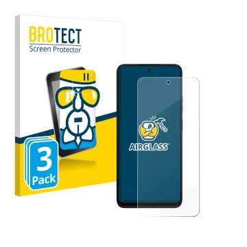 Parte frontal de un envase de producto con el logotipo de la marca BROTECT. Al lado se muestra el dispositivo Motorola Moto G3