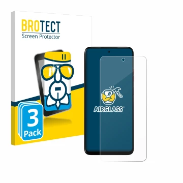 Parte frontal de un envase de producto con el logotipo de la marca BROTECT. Al lado se muestra el dispositivo Motorola Moto G0