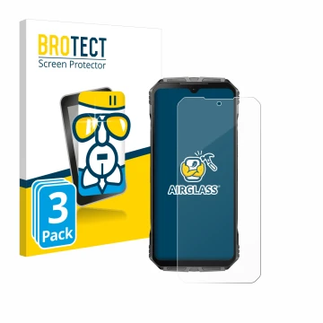 Parte frontal de un envase de producto con el logotipo de la marca BROTECT. Al lado se muestra el dispositivo Doogee S Cyber c
