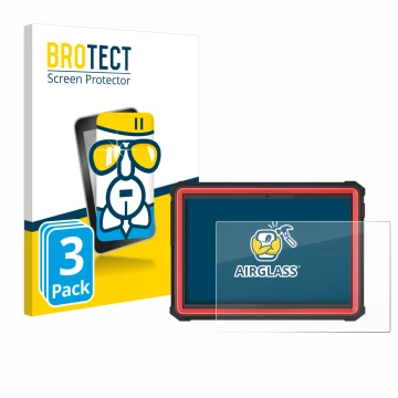 Parte frontal de un envase de producto con el logotipo de la marca BROTECT. Al lado se muestra el dispositivo Launch X-431 PRO