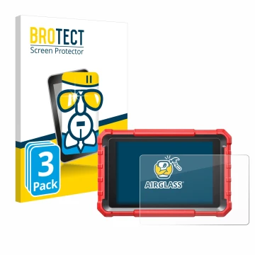Parte frontal de un envase de producto con el logotipo de la marca BROTECT. Al lado se muestra el dispositivo Launch X-431 PRO