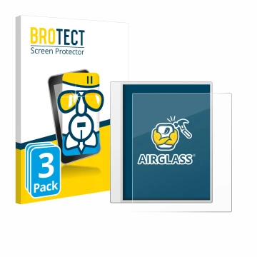 Parte frontal de un envase de producto con el logotipo de la marca BROTECT. Al lado se muestra el dispositivo Boox Note Max co