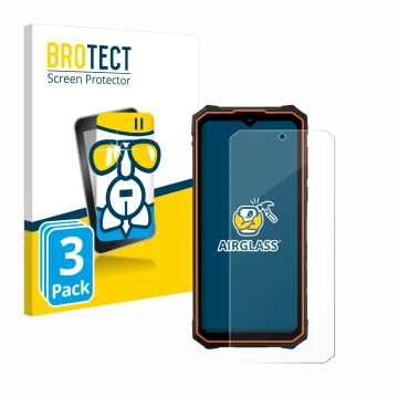 Parte frontal de un envase de producto con el logotipo de la marca BROTECT. Al lado se muestra el dispositivo Hotwav Cyber 13 