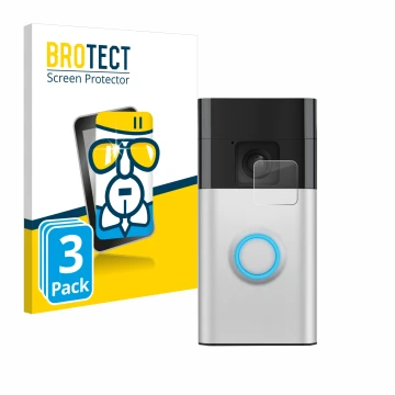 Parte frontal de un envase de producto con el logotipo de la marca BROTECT. Al lado se muestra el dispositivo Ring Battery Vid