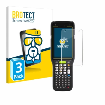 Parte frontal de un envase de producto con el logotipo de la marca BROTECT. Al lado se muestra el dispositivo Zebra MC3400 con