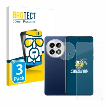 Parte frontal de un envase de producto con el logotipo de la marca BROTECT. Al lado se muestra el dispositivo OnePlus 13 (Fron