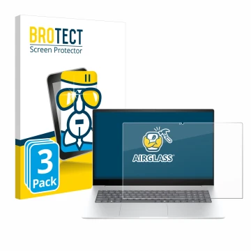 Parte frontal de un envase de producto con el logotipo de la marca BROTECT. Al lado se muestra el dispositivo HP Envy 17-da077