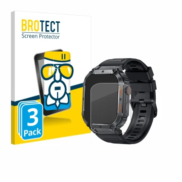Parte frontal de un envase de producto con el logotipo de la marca BROTECT. Al lado se muestra el dispositivo bedee Smartwatch