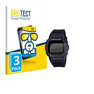 Parte frontal de un envase de producto con el logotipo de la marca BROTECT. Al lado se muestra el dispositivo Casio G-Shock DW