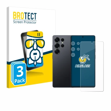 Parte frontal de un envase de producto con el logotipo de la marca BROTECT. Al lado se muestra el dispositivo Samsung Galaxy S