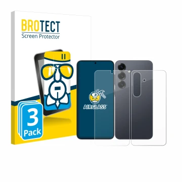 Parte frontal de un envase de producto con el logotipo de la marca BROTECT. Al lado se muestra el dispositivo Samsung Galaxy S