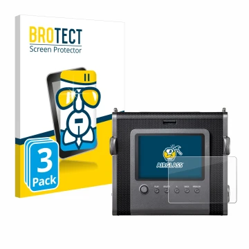 Parte frontal de un envase de producto con el logotipo de la marca BROTECT. Al lado se muestra el dispositivo Fujifilm Instax 
