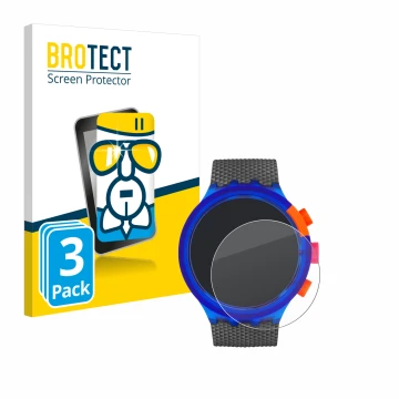 Parte frontal de un envase de producto con el logotipo de la marca BROTECT. Al lado se muestra el dispositivo Swatch Neon Part
