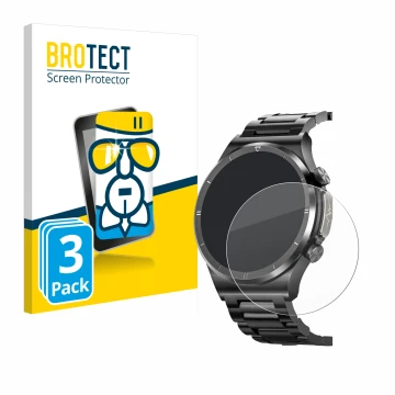 Parte frontal de un envase de producto con el logotipo de la marca BROTECT. Al lado se muestra el dispositivo Banlvs Smartwatc