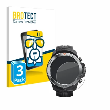 Parte frontal de un envase de producto con el logotipo de la marca BROTECT. Al lado se muestra el dispositivo Xiaomi Mibro GS 