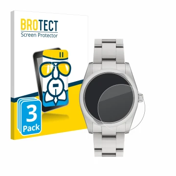 Parte frontal de un envase de producto con el logotipo de la marca BROTECT. Al lado se muestra el dispositivo Rolex Oyster Per