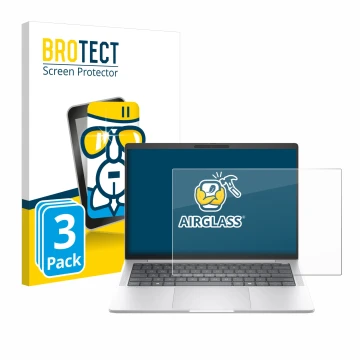 Parte frontal de un envase de producto con el logotipo de la marca BROTECT. Al lado se muestra el dispositivo HP EliteBook 104