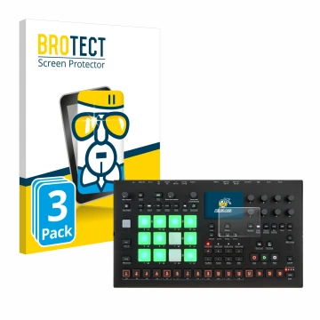 Parte frontal de un envase de producto con el logotipo de la marca BROTECT. Al lado se muestra el dispositivo Elektron Analog 