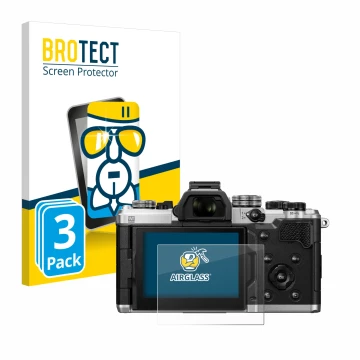 Parte frontal de un envase de producto con el logotipo de la marca BROTECT. Al lado se muestra el dispositivo OM System OM-3 c