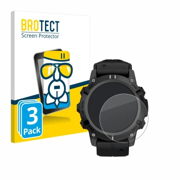 Parte frontal de un envase de producto con el logotipo de la marca BROTECT. Al lado se muestra el dispositivo Garmin Descent G