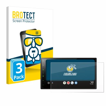 Parte frontal de un envase de producto con el logotipo de la marca BROTECT. Al lado se muestra el dispositivo Pioneer SPH-DA77