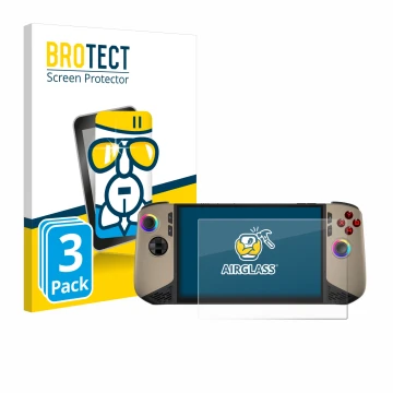 Parte frontal de un envase de producto con el logotipo de la marca BROTECT. Al lado se muestra el dispositivo MSI Claw 8 AI+ c