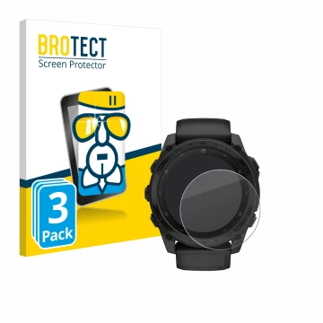 Parte frontal de un envase de producto con el logotipo de la marca BROTECT. Al lado se muestra el dispositivo Garmin Tactix 8 