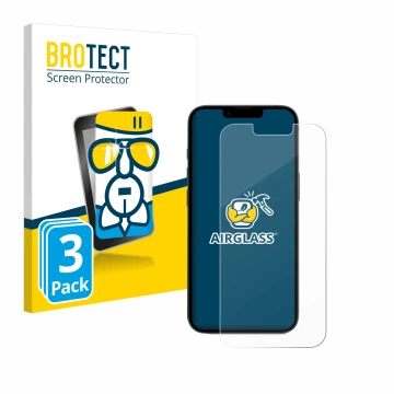 Parte frontal de un envase de producto con el logotipo de la marca BROTECT. Al lado se muestra el dispositivo Apple iPhone 16e