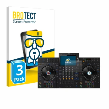 Parte frontal de un envase de producto con el logotipo de la marca BROTECT. Al lado se muestra el dispositivo Pioneer XDJ-AZ c